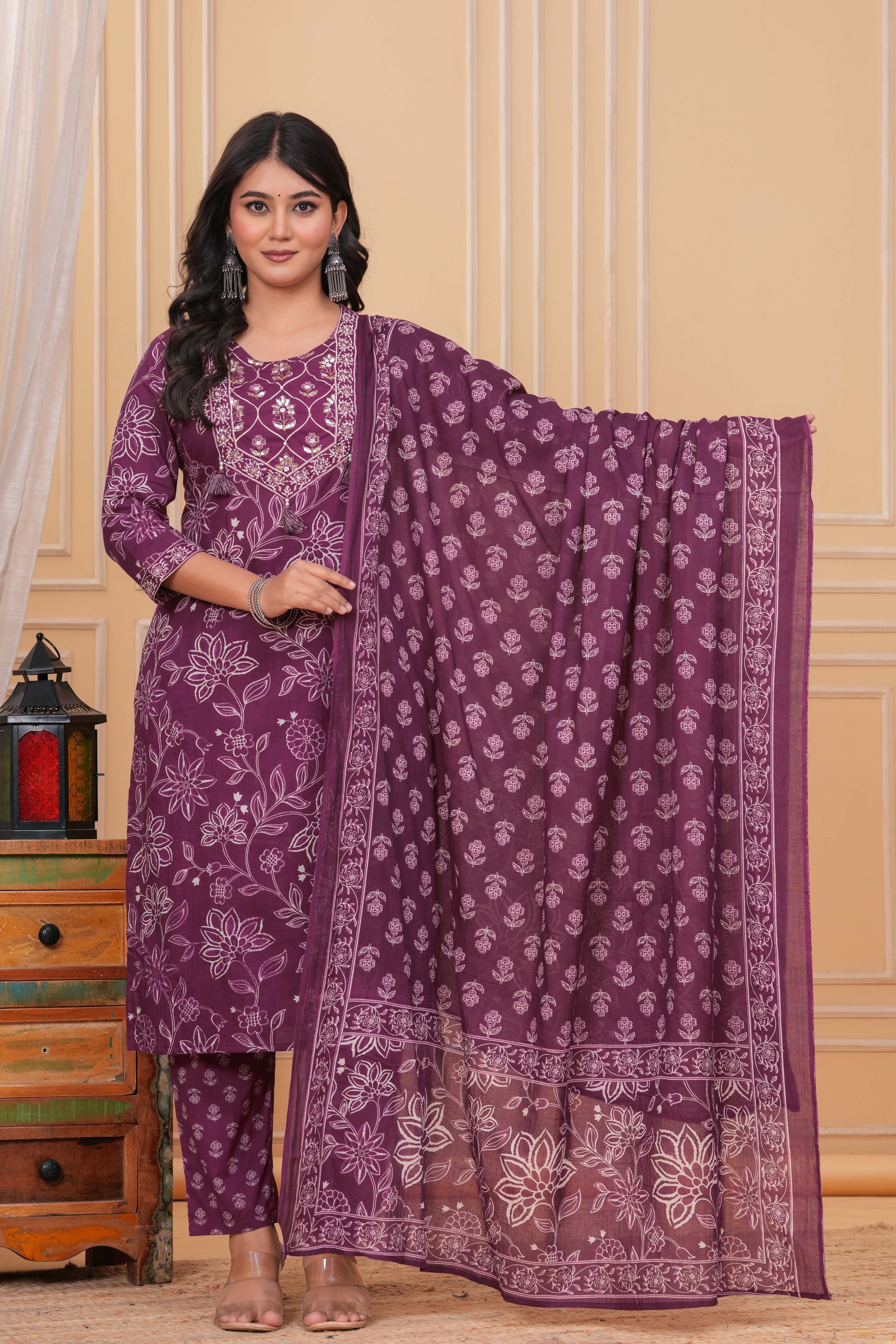 Elegant wine Purple Floral Printed Kurta Set with Dupatta