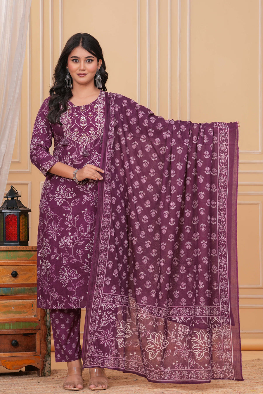 Elegant wine Purple Floral Printed Kurta Set with Dupatta