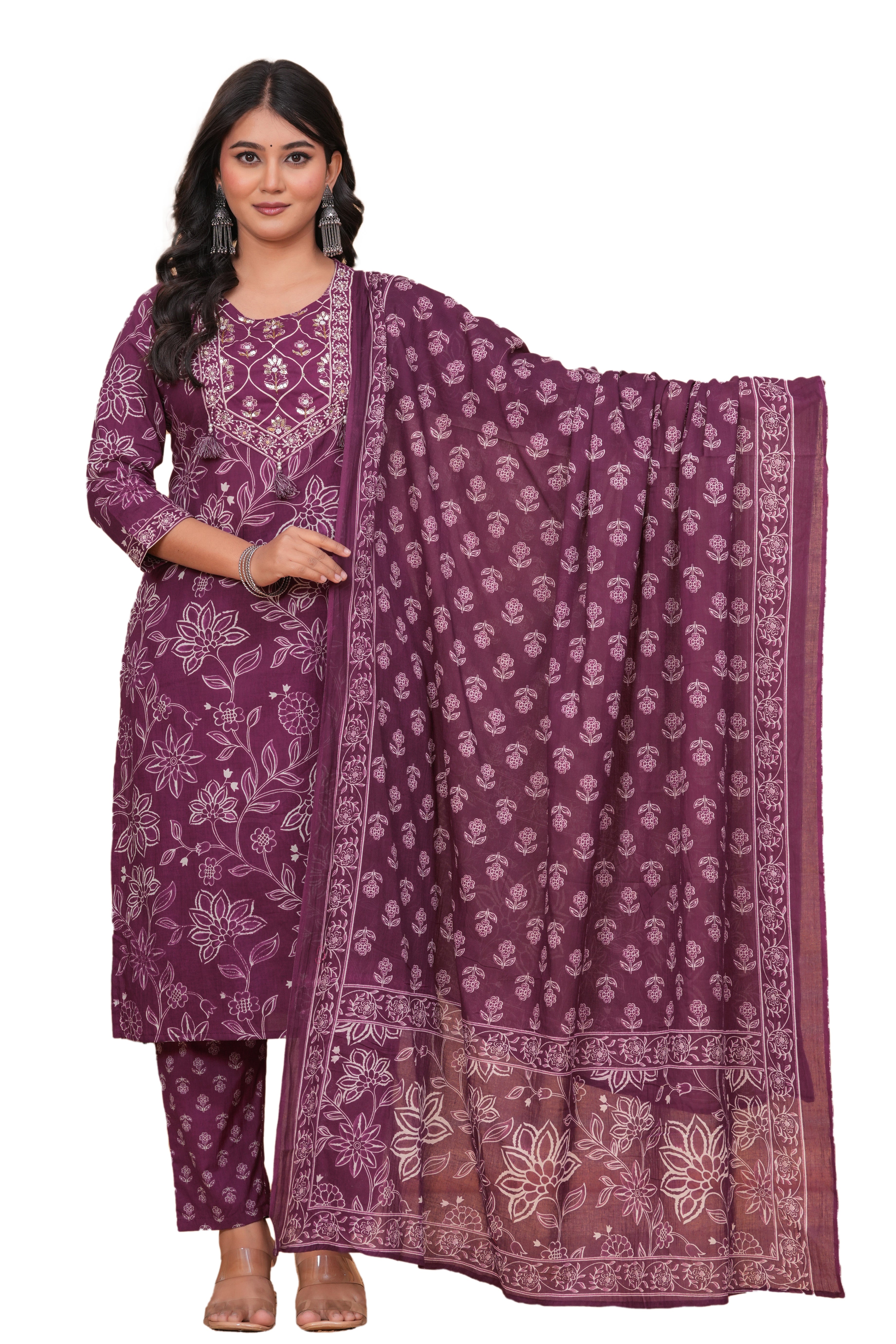 Elegant wine Purple Floral Printed Kurta Set with Dupatta