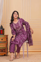 Elegant wine Purple Floral Printed Kurta Set with Dupatta